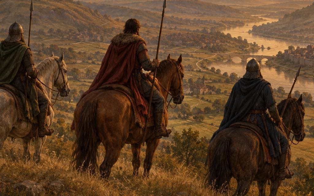 Original painting: three riders seen from behind on a ridge at sunset, surveying a valley below — a winding river, a stone bridge, a walled town with its church spire, and small plain pennants of rival castles on the far hills. Framed for a generated realm's setting plate.