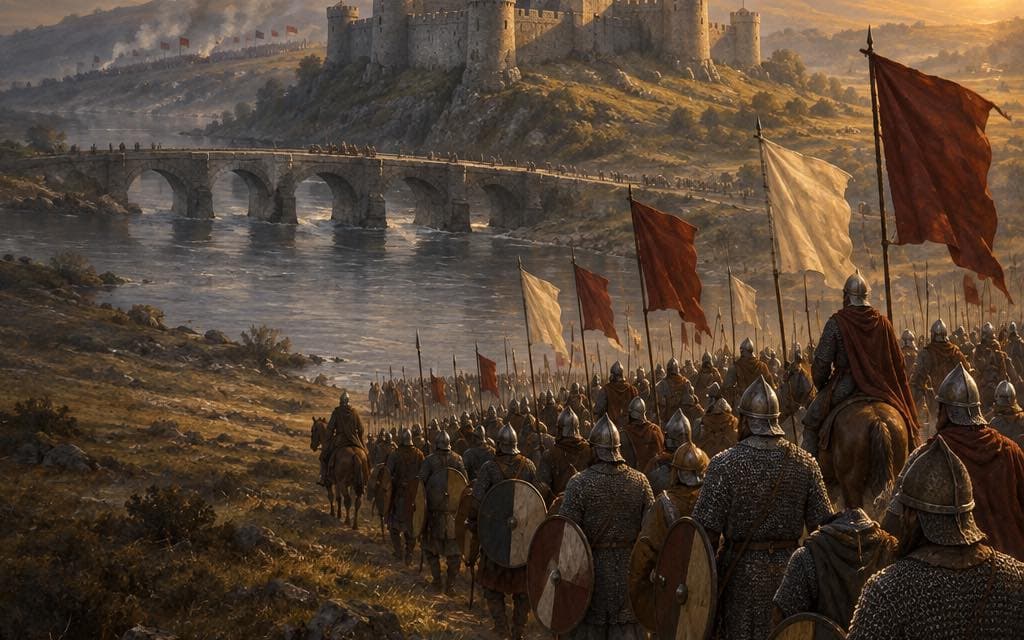 Original painting: a host of footmen and riders with plain oxblood and cream standards advancing along the bank of a slate river toward a stone bridge, a grey stone stronghold flying rival pennants on the rising ground beyond the crossing, woodsmoke drifting over the hazed valley, the low sun at right and the left of the panorama in storm shadow. Framed for the March campaign's setting plate.